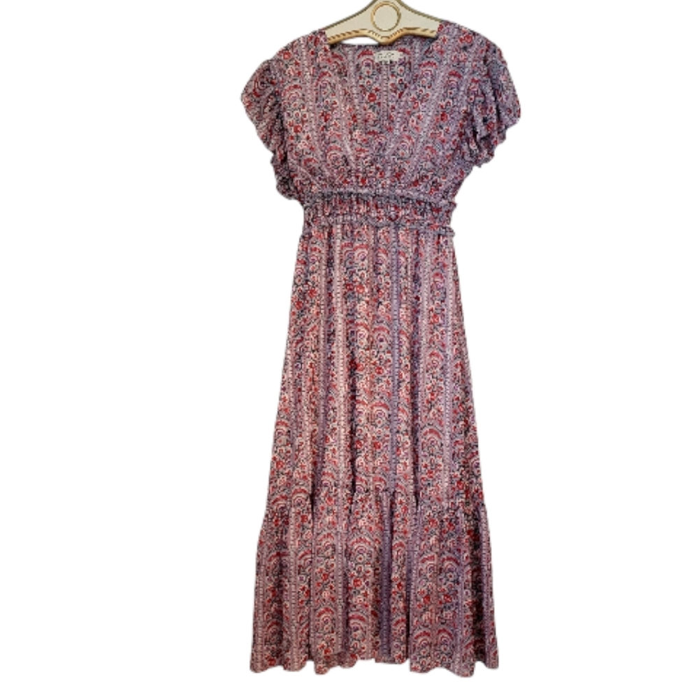 Molly Bracken Red Floral V Neck Chiffon Maxi Dress Smocked Waist